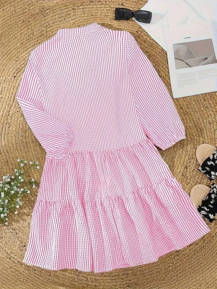 Rosie | Women's Gingham Print Button-Down Mini Dress 3/4 Sleeve