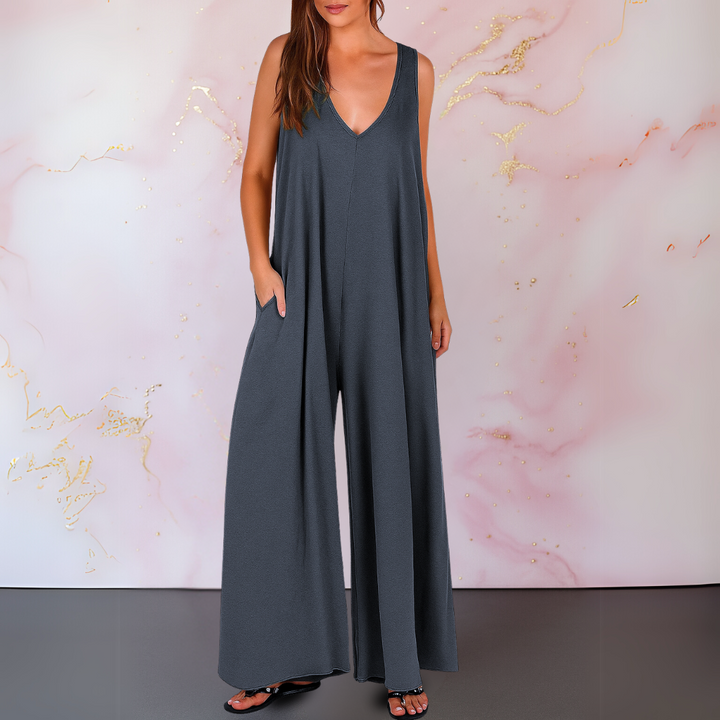 Onyx | Women's V-Neck Sleeveless Wide Leg Jumpsuit with Pockets
