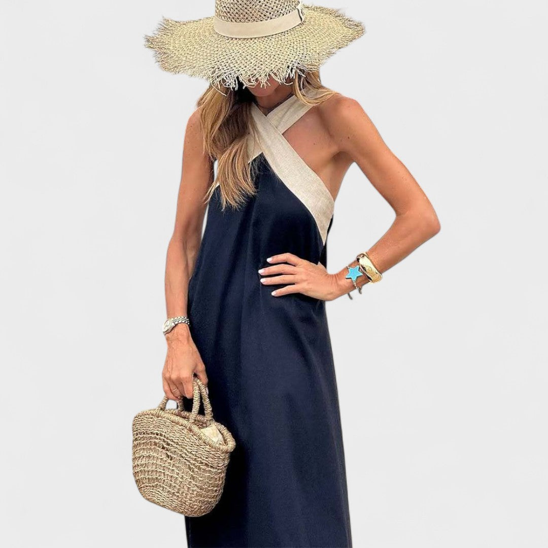 Sue™ | Elegant Cross-Neck Maxi Dress