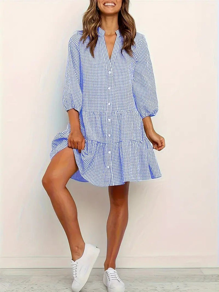 Rosie | Women's Gingham Print Button-Down Mini Dress 3/4 Sleeve