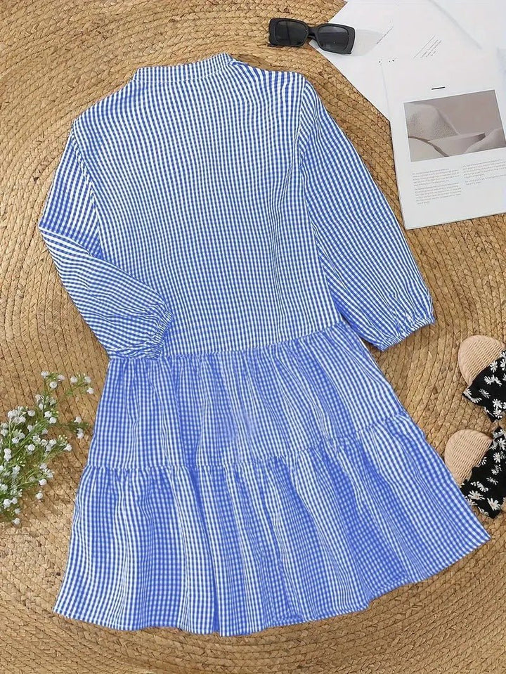 Rosie | Women's Gingham Print Button-Down Mini Dress 3/4 Sleeve