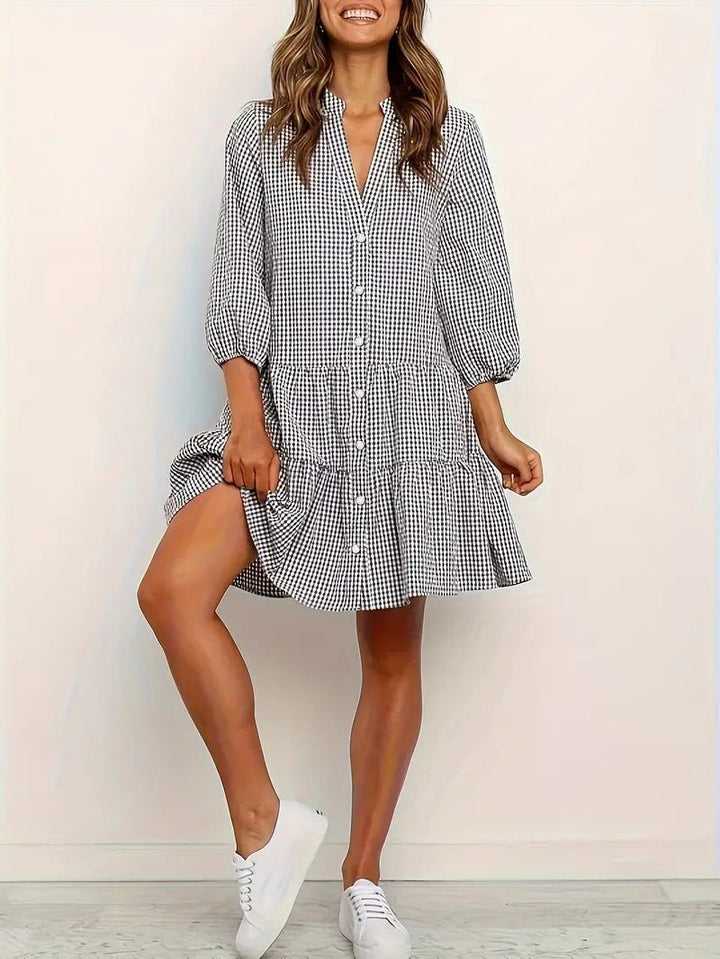 Rosie | Women's Gingham Print Button-Down Mini Dress 3/4 Sleeve