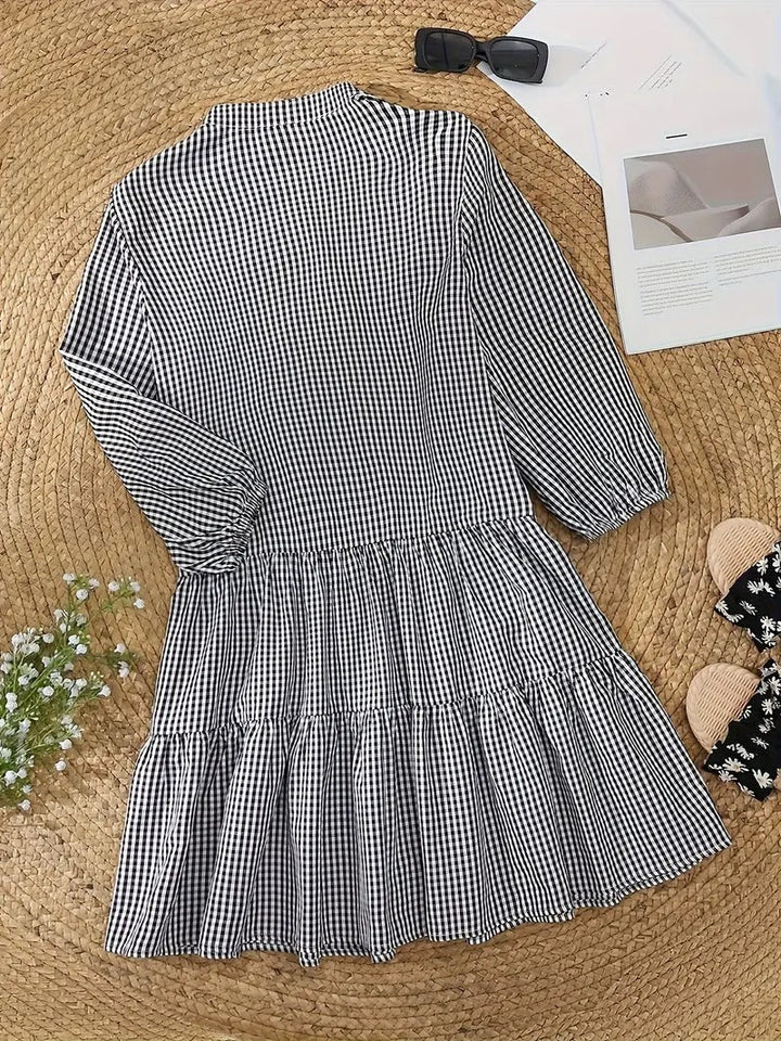 Rosie | Women's Gingham Print Button-Down Mini Dress 3/4 Sleeve
