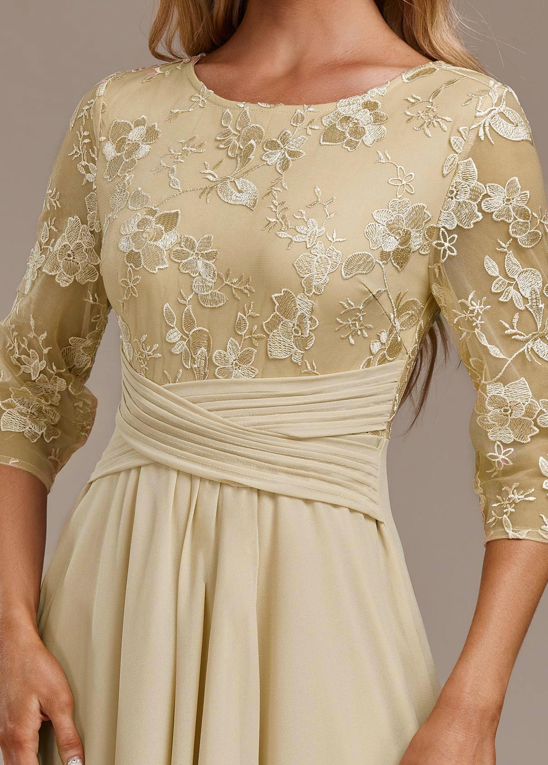 Karla™ | Champagne FLoral 3/4 Sleeve Round Neck Dress