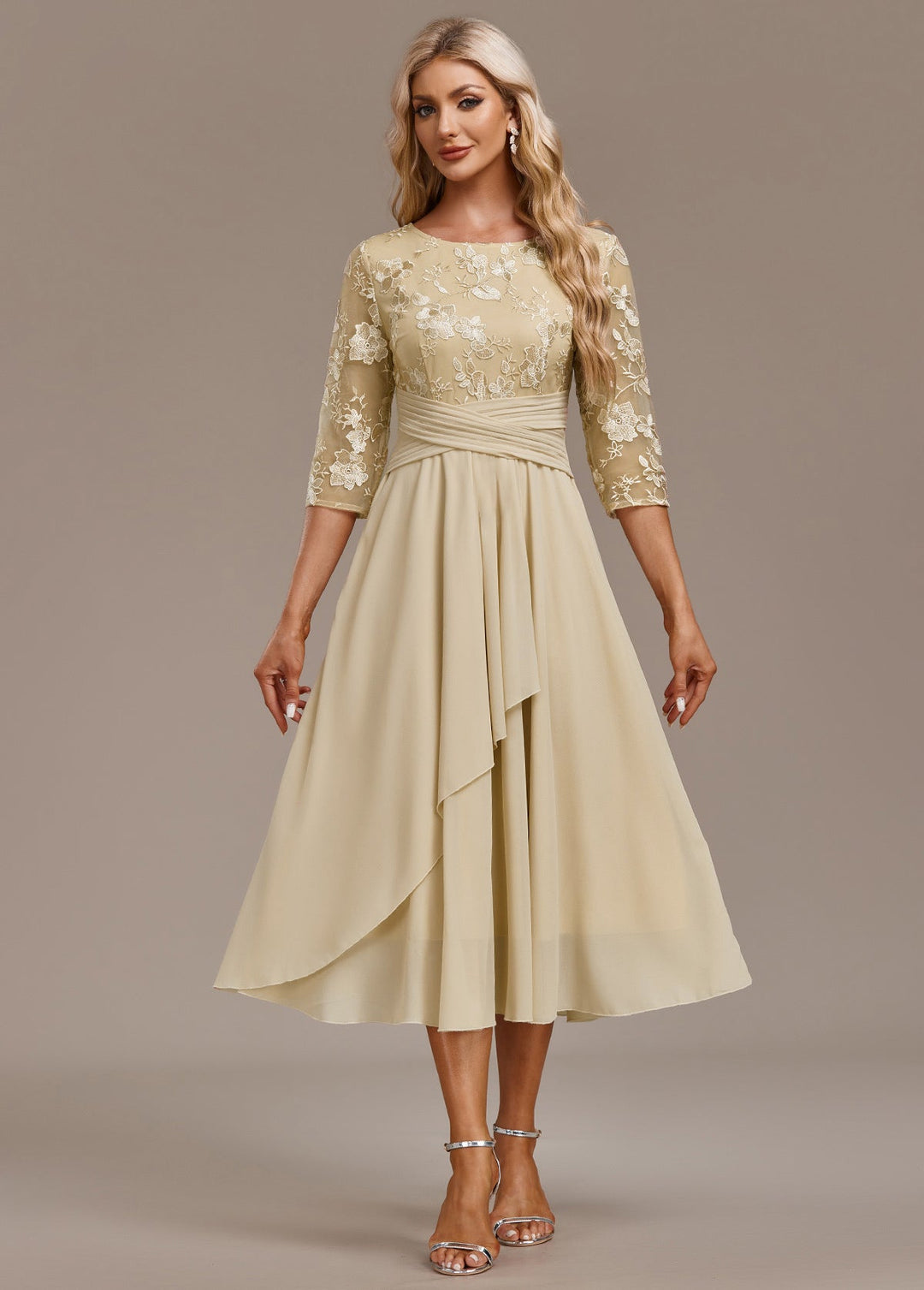 Karla™ | Champagne FLoral 3/4 Sleeve Round Neck Dress