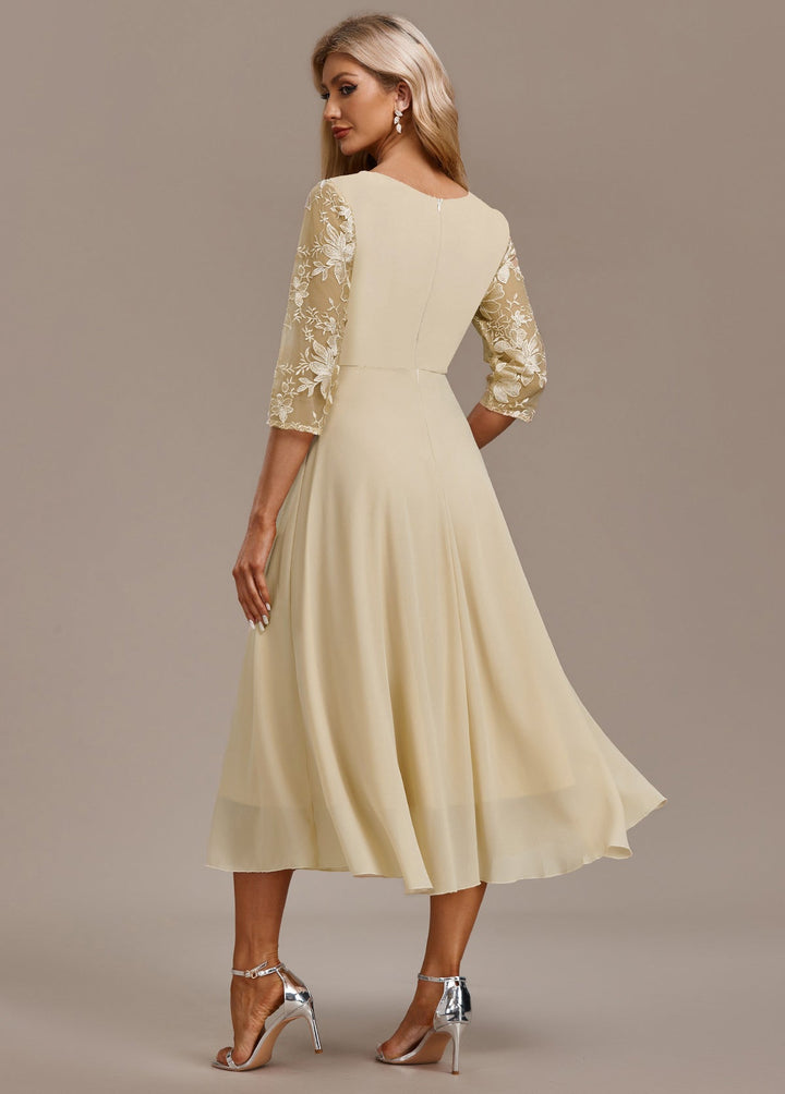Karla™ | Champagne FLoral 3/4 Sleeve Round Neck Dress