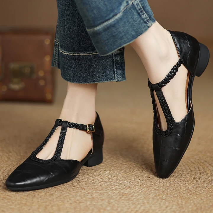 Margot | Women's Leather T-Strap Mary Jane Flats Pointed Toe Flat