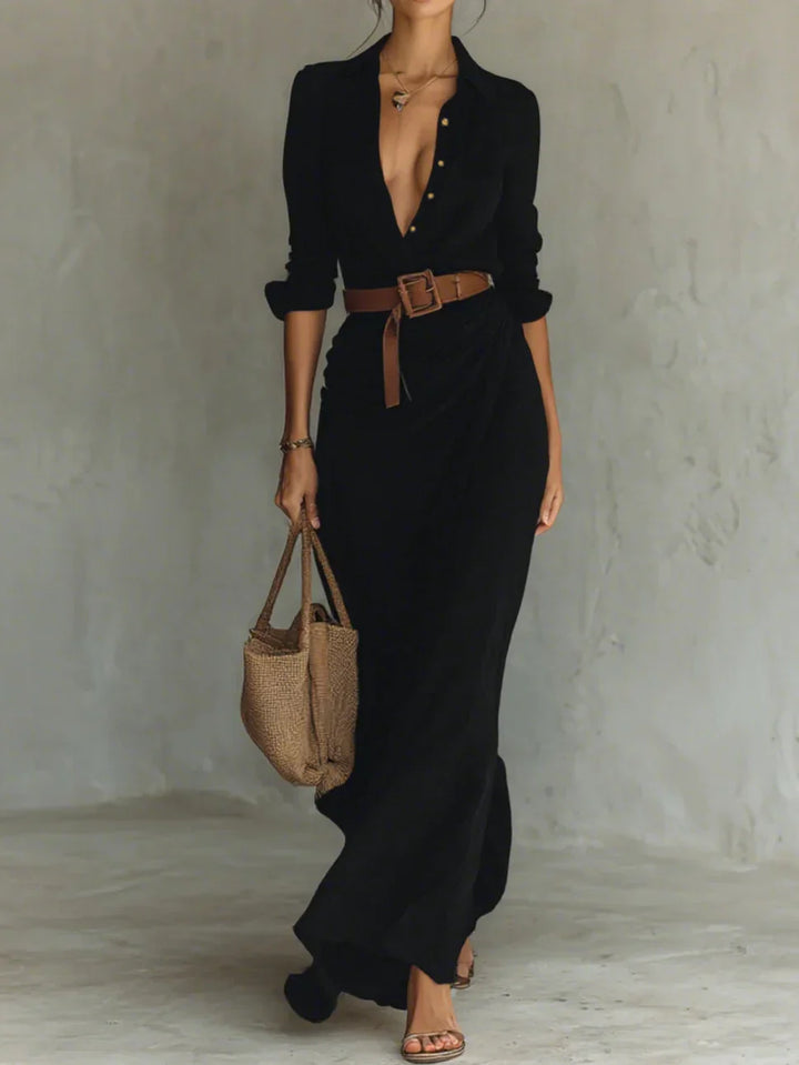 Lydia™ | Lapel Long Sleeve Belted Maxi Dress