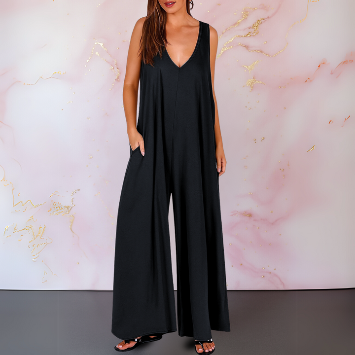 Onyx | Women's V-Neck Sleeveless Wide Leg Jumpsuit with Pockets