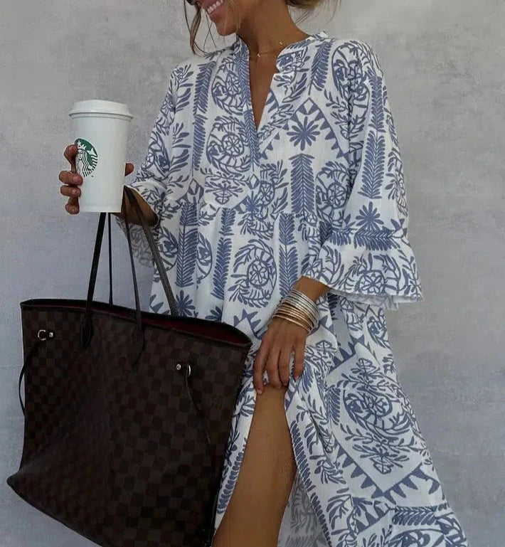 Celeste | Women's Boho Print V-Neck 3/4 Sleeve Swing Dress