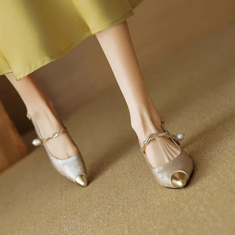 Fleur | Women's Pearl Strap Slingback Kitten Heels Pointed Toe Pumps