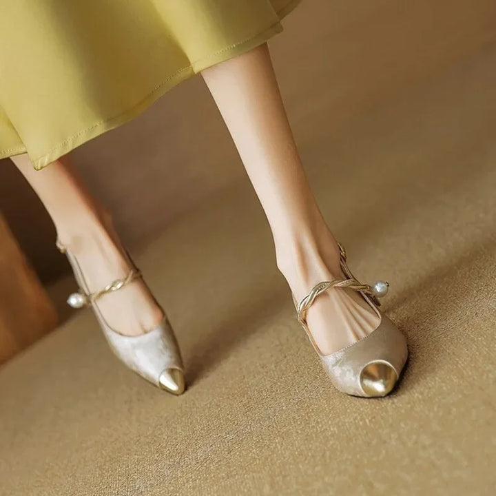Fleur | Women's Pearl Strap Slingback Kitten Heels Pointed Toe Pumps