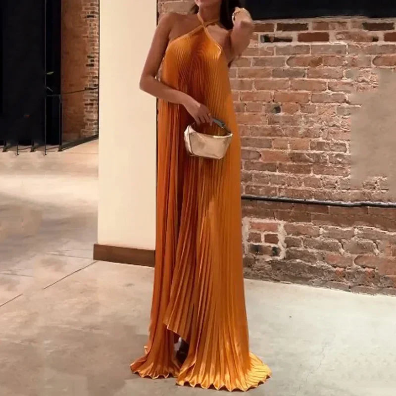 Carmen | Women's Wedding Guest Pleated Halter Maxi Dress Evening