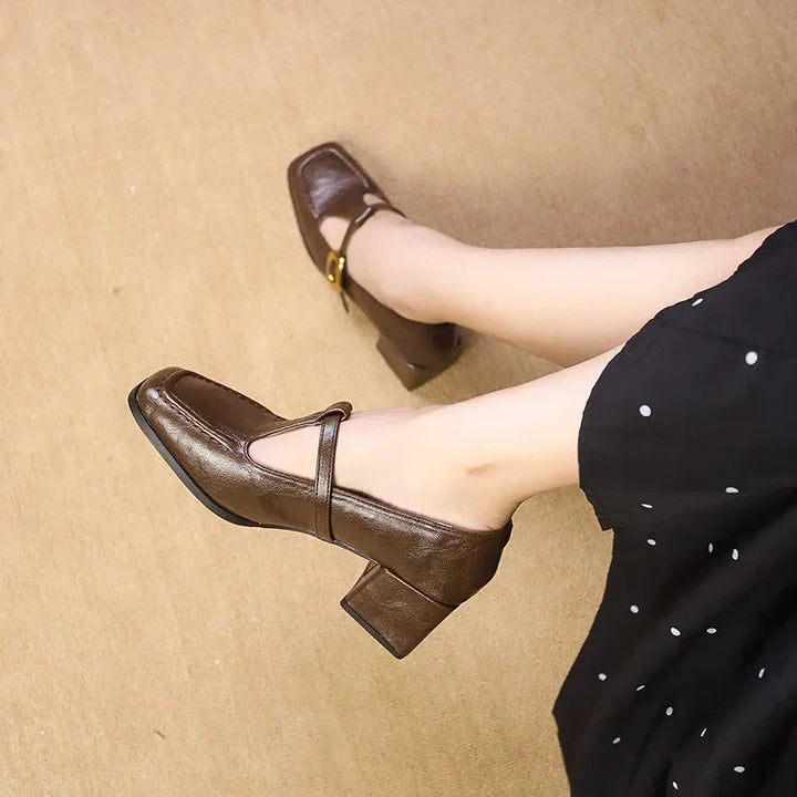 Odette | Women's Square Toe Mary Jane Heels Block Heel Gold Buckle