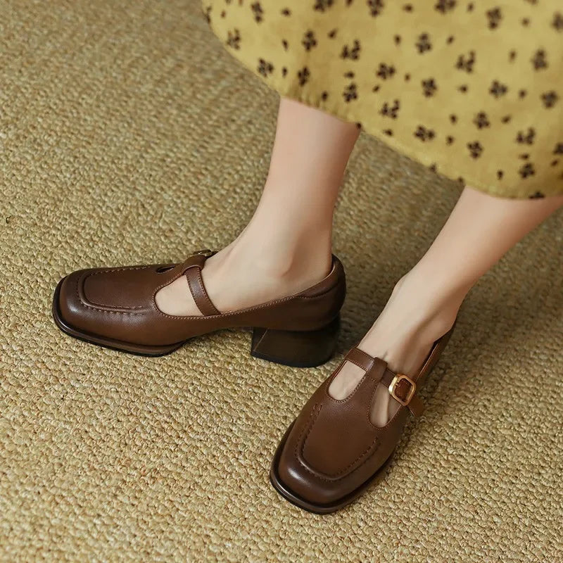 Wren | Women's T-Strap Mary Jane Shoes Square Toe Low Block Heel