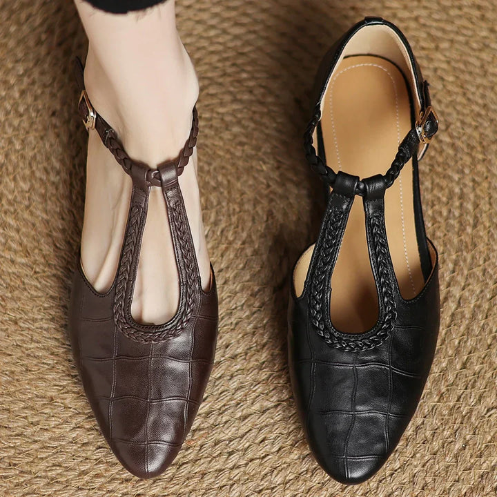 Margot | Women's Leather T-Strap Mary Jane Flats Pointed Toe Flat
