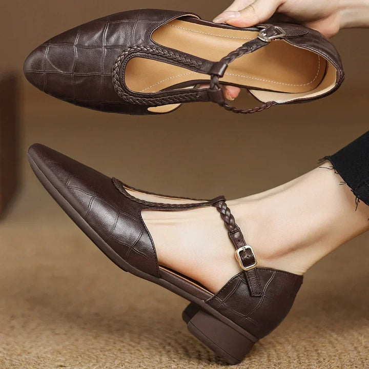 Margot | Women's Leather T-Strap Mary Jane Flats Pointed Toe Flat
