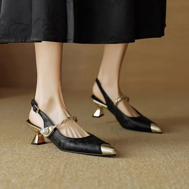 Fleur | Women's Pearl Strap Slingback Kitten Heels Pointed Toe Pumps