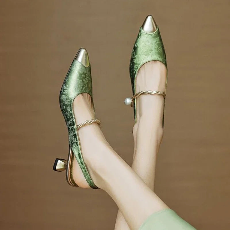 Fleur | Women's Pearl Strap Slingback Kitten Heels Pointed Toe Pumps