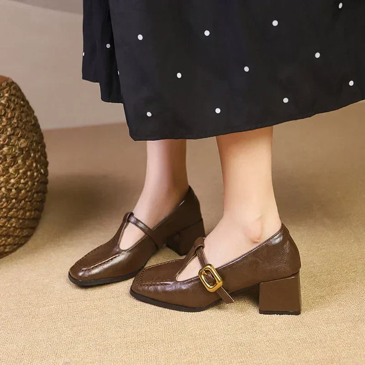 Odette | Women's Square Toe Mary Jane Heels Block Heel Gold Buckle