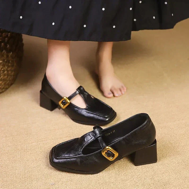 Odette | Women's Square Toe Mary Jane Heels Block Heel Gold Buckle