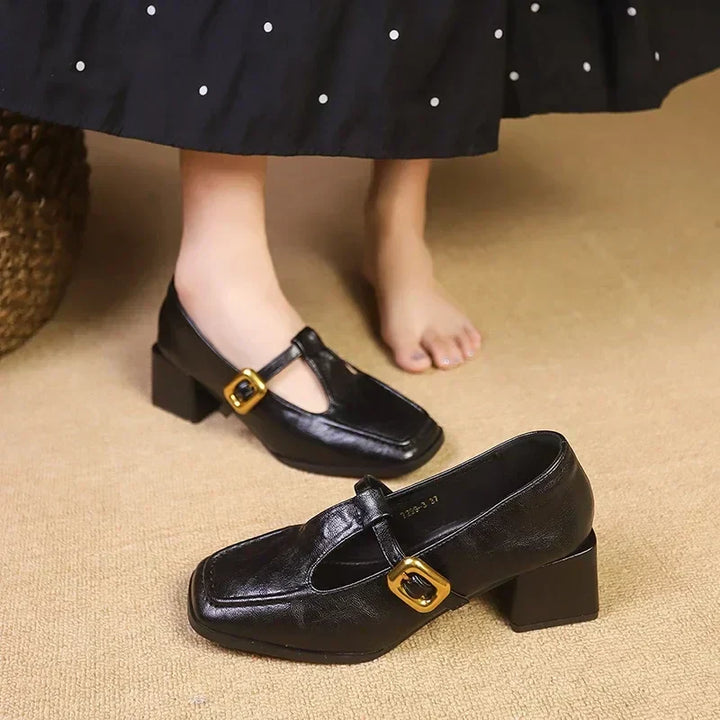 Odette | Women's Square Toe Mary Jane Heels Block Heel Gold Buckle