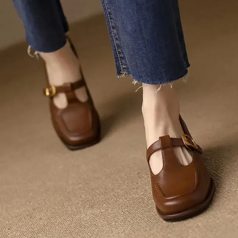 Wren | Women's T-Strap Mary Jane Shoes Square Toe Low Block Heel
