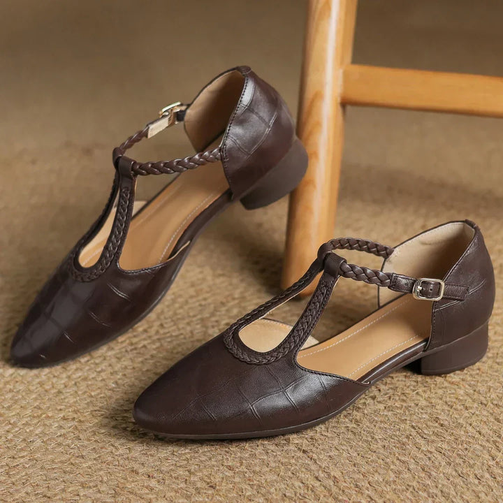 Margot | Women's Leather T-Strap Mary Jane Flats Pointed Toe Flat