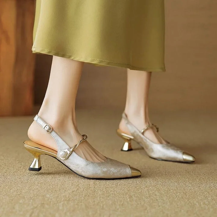 Fleur | Women's Pearl Strap Slingback Kitten Heels Pointed Toe Pumps