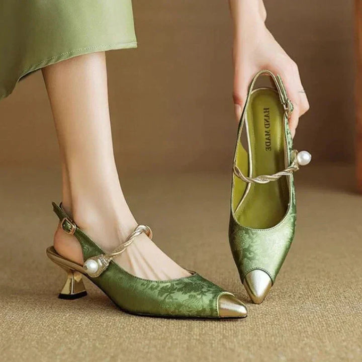 Fleur | Women's Pearl Strap Slingback Kitten Heels Pointed Toe Pumps