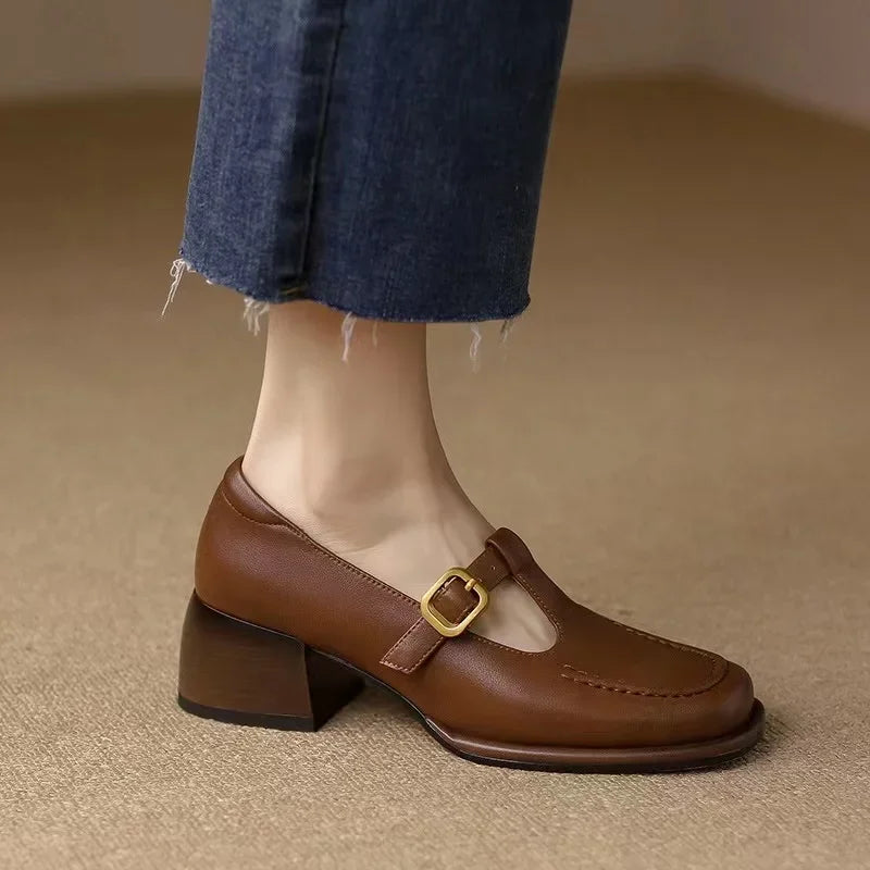 Wren | Women's T-Strap Mary Jane Shoes Square Toe Low Block Heel