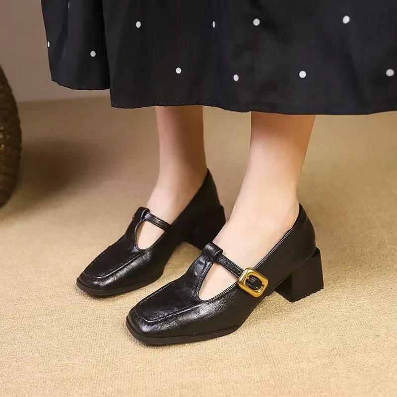 Odette | Women's Square Toe Mary Jane Heels Block Heel Gold Buckle