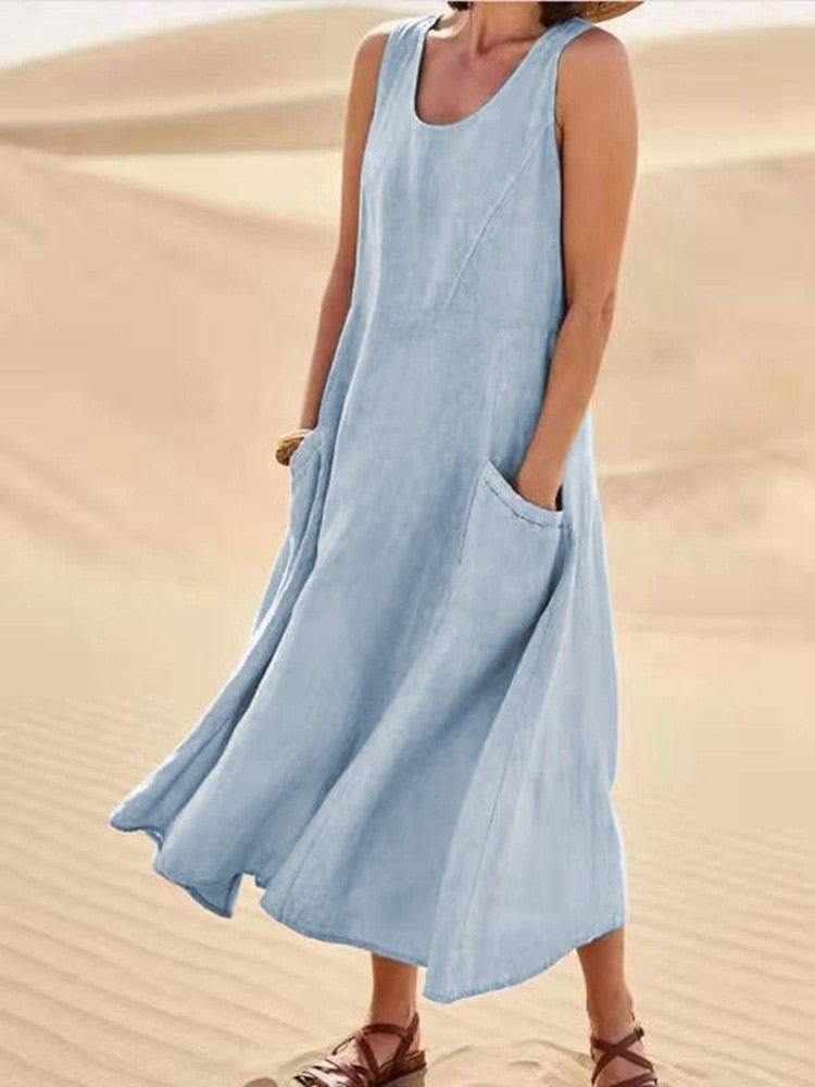 Sage | Women's Casual Sleeveless Maxi Dress Scoop Neck Pockets